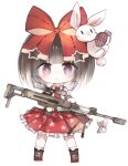  1girl :o bangs black_hair blush boots bow brown_footwear chibi collared_shirt commentary_request cross-laced_footwear explosive frilled_skirt frills full_body girls_frontline grenade gun hair_bow holding holding_gun holding_weapon kotatu_(akaki01aoki00) lace-up_boots looking_at_viewer m99_(girls_frontline) object_namesake parted_lips pleated_skirt print_skirt purple_eyes red_bow red_neckwear red_skirt rifle shirt simple_background skirt sniper_rifle socks solo standing star star_print weapon white_background white_legwear white_shirt zijiang_m99 
