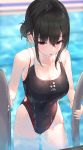  1girl bangs black_hair black_swimsuit blush breasts climbing collarbone competition_swimsuit day groin hair_bun hair_ribbon highleg highleg_swimsuit highres kfr large_breasts long_hair looking_down one-piece_swimsuit open_mouth original outdoors pool_ladder poolside purple_eyes ribbon sidelocks solo swimsuit wet 