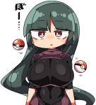  1girl blush breasts green_hair gym_leader kanikama large_breasts long_hair looking_at_viewer lowres natsume_(pokemon) poke_ball pokemon pokemon_(game) pokemon_frlg red_eyes simple_background solo white_background 