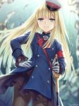  &gt;:) 1girl artist_name bangs blonde_hair blue_coat blurry blurry_background blush brown_legwear closed_mouth commentary_request depth_of_field eyebrows_visible_through_hair fate_(series) gloves green_eyes hagino_kouta hand_on_hip hat highres holding holding_sword holding_weapon long_hair long_sleeves lord_el-melloi_ii_case_files pantyhose peaked_cap reines_el-melloi_archisorte saber_(weapon) signature smile solo sword tilted_headwear v-shaped_eyebrows very_long_hair weapon white_gloves white_headwear 