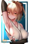  1girl ahoge areola_slip areolae armor armpits bangs black_bow blonde_hair blush bow breasts clothes_tug covered_nipples eyebrows_visible_through_hair fate/grand_order fate_(series) hair_between_eyes hair_bow highres japanese_clothes kimono large_breasts looking_at_viewer okita_souji_(fate)_(all) scarf short_hair smile solo yellow_eyes zukky 