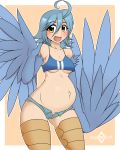  2019 animal_humanoid avian avian_humanoid belly blue_hair blush breasts clothed clothing digital_media_(artwork) eyelashes feathered_wings feathers female hair harpy hi_res humanoid kloudmutt looking_at_viewer monster_musume navel open_mouth papi_(monster_musume) pregnant signature solo under_boob winged_arms wings yellow_eyes 