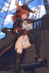  animal_ears boots breasts bunny_ears dandyrabbit final_fantasy final_fantasy_xii freckles gun highres looking_at_viewer nipples orange_eyes pirate ponytail red_hair revealing_clothes ship sword thigh_boots thighhighs viera watercraft weapon 
