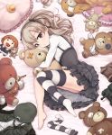  1girl bandages bangs black_ribbon black_skirt boko_(girls_und_panzer) bow brown_eyes bruise chibi collared_shirt eyebrows_visible_through_hair eyepatch girls_und_panzer hair_bow high-waist_skirt highres holding holding_stuffed_animal hug injury kasai_shin layered_skirt light_brown_hair long_hair long_sleeves looking_at_viewer lying nishizumi_miho object_hug on_side one_side_up parted_lips pillow ribbon rubber_duck shimada_arisu shirt side_ponytail skirt solo striped striped_legwear stuffed_animal stuffed_toy suspender_skirt suspenders teddy_bear thighhighs thighhighs_removed toy white_shirt 