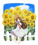  1girl :d absurdres barefoot blush brown_hair commentary_request dress fence flower hat highres korean_commentary long_hair looking_at_viewer open_mouth original outdoors pn_(wnsl216) puffy_short_sleeves puffy_sleeves red_ribbon ribbon round_teeth short_sleeves sky smile solo straw_hat sundress sunflower teeth yellow_eyes 