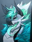  2019 angiewolf anthro bust_portrait digital_media_(artwork) dragon green_eyes green_hair hair horn male open_mouth portrait solo teeth tongue tongue_out 