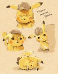  beige_background cabbie_hat character_name commentary_request copyright_name detective_pikachu_(movie) detective_pikachu_(series) full_body gen_1_pokemon hat looking_up lying matsuri_(matsuike) no_humans on_side peeking_out pikachu pokemon simple_background 