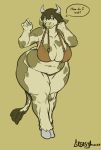 anthro bikini bovid bovine breasts cattle clothed clothing english_text female greasymojo hair hi_res horn looking_at_viewer mammal overweight overweight_female smile solo standing swimwear text 