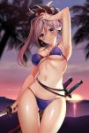  1girl bangs bare_shoulders bikini blue_eyes blurry blurry_background blush breasts cleavage cowboy_shot earrings eyebrows_visible_through_hair fate/grand_order fate_(series) groin hair_between_eyes hair_ornament hand_on_own_head harimoji holding holding_sword holding_weapon jewelry katana large_breasts long_hair looking_at_viewer miyamoto_musashi_(fate/grand_order) multiple_swords navel palm_tree pink_hair ponytail purple_bikini sidelocks smile solo stomach sunset swimsuit sword tree weapon wet 