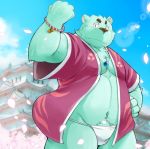  2019 anthro belly blue_fur clothing fundoshi fur humanoid_hands inuryu japanese_clothing male mammal moobs navel overweight overweight_male robe solo underwear ursid 
