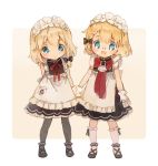  2girls apron blonde_hair blue_eyes bow bowtie braid commentary_request eyebrows_visible_through_hair g36_(girls_frontline) g36c_(girls_frontline) girls_frontline glasses gloves holding_hands maid maid_apron maid_headdress multiple_girls pantyhose shoes shuzi siblings sisters socks white_background younger 
