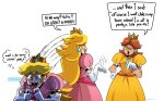  2girls :d ^_^ brown_hair closed_eyes crown dress elbow_gloves english_commentary eyebrows gloves highres holding holding_phone long_hair mario_(series) multiple_girls open_mouth phone pink_dress pointing pointing_down princess_daisy princess_peach profanity puffy_sleeves right-to-left_comic smile spanish_text speech_bubble tearing_up thegreyzen thought_bubble v-shaped_eyebrows white_gloves yellow_dress 