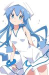  1girl arm_behind_back blue_eyes blue_hair bracelet closed_mouth dress eyebrows_visible_through_hair hat ikamusume ixy jewelry long_hair looking_at_viewer shinryaku!_ikamusume simple_background sleeveless sleeveless_dress solo tentacle_hair white_background white_dress white_headwear 