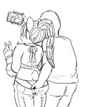  &lt;3 1:1 anthro assisted_exposure blizzard_entertainment butt butt_grab cellphone clothed clothing duo female gesture giant_panda hand_on_butt human male mammal menhou monochrome pandaren pants phone portrait rear_view shirt simple_background t-shirt three-quarter_portrait tied_hair topwear underwear ursid v_sign video_games warcraft white_background 