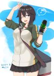  1girl black_hair black_skirt blue_eyes can cooler cowboy_shot dated e16a_zuiun eighth_note energy_drink hayasui_(kantai_collection) highres jacket ka_tsumi kantai_collection looking_at_viewer monster_energy musical_note one_eye_closed parody pleated_skirt short_hair skirt smile solo spoken_musical_note track_jacket twitter_username two-tone_background white_background 