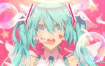  1girl :d angel_wings bare_shoulders blue_eyes blue_hair blue_neckwear bubble close-up eighth_note electric_angel_(vocaloid) eyelashes face facepaint feathers frills hair_between_eyes happy hatsune_miku headset heart looking_at_viewer musical_note necktie open_mouth pink_background round_teeth saihate_(d3) shirt simple_background sleeveless sleeveless_shirt smile solo sparkle sparkle_background star starry_background teeth twintails upper_body upper_teeth vocaloid white_shirt wings 