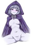  1girl :3 ass_visible_through_thighs breasts breasts_apart cape commentary_request eyebrows_visible_through_hair grey_hair highres hood hooded_cape large_breasts lich_(monster_girl_encyclopedia) looking_at_viewer monster_girl_encyclopedia naked_cape nanostar navel purple_eyes short_hair simple_background smile solo spread_legs stomach white_background white_skin 