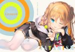  1girl ;p bangs black_jacket blonde_hair blue_eyes breasts candy eyebrows_visible_through_hair food jacket lollipop long_hair long_sleeves looking_at_viewer lying on_side one_eye_closed original sidelocks solo tatami_to_hinoki thighhighs tongue tongue_out two_side_up white_legwear 