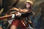  1girl alternate_costume bangs black_coat braid breasts brown_hair building city city_lights cityscape closed_mouth french_braid girls_frontline gloves green_eyes gun hair_ornament holding indoors large_breasts lee-enfield lee-enfield_(girls_frontline) long_hair looking_away night night_sky o_zone ribbon rifle scenery sky skyscraper solo uniform weapon white_gloves 