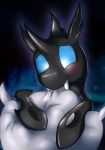  absurd_res bite bitting blue_eyes blush changeling dripponi fangs hi_res horn male my_little_pony pillow solo 