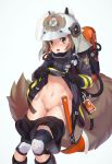  1girl animal_ears arknights bandaid bandaid_on_pussy black_gloves black_jacket black_shorts blush brown_eyes brown_hair character_request commentary_request fake_animal_ears firefighter gloves grey_background groin helmet highres jacket jacket_lift knee_pads lifted_by_self long_sleeves navel open_mouth short_shorts shorts simple_background solo tail upper_teeth visor white_headwear xo_(xo17800108) 