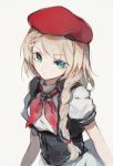  1girl beret blonde_hair blue_eyes bow bowtie braid cosplay g36_(girls_frontline) g36c_(girls_frontline) g36c_(girls_frontline)_(cosplay) girls_frontline hat iron_cross long_hair looking_at_viewer shuzi solo white_background 