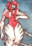  2019 anthro black_fur black_stripes black_tail blue_background blue_eyes breasts clothed clothing felid female front_view fur hair kenno_arkkan long_hair mammal multicolored_fur multicolored_tail one-piece_swimsuit painting_(artwork) pantherine pink_clothing pink_hair portrait signature simple_background solo standing striped_fur striped_tail stripes swimwear thick_thighs three-quarter_portrait tiger traditional_media_(artwork) two_tone_fur two_tone_tail watercolor_(artwork) white_fur white_tail wide_hips 