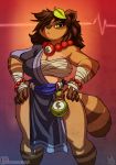  2019 anthro arm_wraps atryl breasts brown_hair canid canine chest_wraps clothed clothing digital_media_(artwork) female gourd green_eyes hair hair_over_eye hands_on_hips hi_res leaf mammal patreon prayer_beads raccoon_dog signature solo tanuki url wraps 