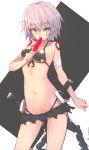  1girl :d bandaged_arm bandages bikini black_bikini breasts cleavage cleavage_cutout cropped_arms cropped_torso facial_scar fate/apocrypha fate/grand_order fate_(series) food green_eyes highres jack_the_ripper_(fate/apocrypha) looking_at_viewer navel open_mouth popsicle redb scar scar_across_eye scar_on_cheek short_hair shoulder_tattoo silver_hair sleeves small_breasts smile solo swimsuit tattoo upper_body wet 