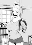  1girl bedroom blush bookshelf breasts cleavage closed_mouth commentary_request doujinshi greyscale highres indoors large_breasts long_sleeves looking_at_viewer monochrome original short_hair short_shorts shorts sidelocks souryu tank_top thighs tied_hair 