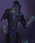  2019 5_fingers abs anthro biceps black_fur black_hair black_nose black_skin blue_eyes blue_fur blue_skin briefs bulge canid canine canis clothed clothing domestic_dog eyebrows feralise fingerless_(marking) fur gesturing gloves_(marking) grey_fur grey_skin hair hybrid looking_aside male mammal markings multicolored_fur multicolored_skin muscular muscular_male neck_tuft pecs pubes simple_background solo standing topless tuft underwear wolf 