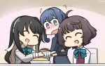  3girls ahoge bangs black_hair blazer blue_hair blunt_bangs blush bow bowtie brown_hair closed_eyes collared_shirt commentary_request curry curry_rice dated drooling fang feeding flying_sweatdrops food from_behind gotland_(kantai_collection) hair_bun hair_down hair_ribbon hairband halterneck hamu_koutarou happy highres jacket kantai_collection kishinami_(kantai_collection) long_hair long_sleeves looking_back military military_uniform mole mole_under_eye multiple_girls naganami_(kantai_collection) open_mouth pink_hair remodel_(kantai_collection) ribbon rice saliva school_uniform shirt short_hair skin_fang uniform upper_body wavy_hair wavy_mouth white_hairband white_shirt 