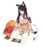  1girl alternate_costume animal_ears azur_lane bangs bare_legs barefoot black_hair blue_eyes blush breasts card casual cat_ears cleavage closed_mouth collarbone full_body fusou_(azur_lane) hanafuda large_breasts long_hair long_sleeves looking_at_viewer multicolored_hair naked_sweater off-shoulder_sweater off_shoulder official_art pillow rain_lan ribbed_sweater shiny shiny_hair sitting sleeves_past_wrists smile solo sweater swept_bangs transparent_background yokozuwari 