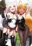  /\/\/\ 2girls :3 :d animal_ears apron arm_behind_head arm_up armpits ass_visible_through_thighs bangs bare_shoulders black_gloves blonde_hair blush bow bowtie breasts brown_legwear choker commentary_request detached_collar elbow_gloves embarrassed facial_mark fang flat_chest flying_sweatdrops fox_ears fox_tail from_below garter_straps gloves hair_between_eyes hair_ornament hews_hack highres holding_hands indoors interlocked_fingers leotard long_hair miniskirt multiple_girls open_mouth panties pantyhose parted_bangs pink_panties red_eyes senko_(sewayaki_kitsune_no_senko-san) sewayaki_kitsune_no_senko-san shiro_(sewayaki_kitsune_no_senko-san) short_hair sidelocks silver_hair skin_fang skirt small_breasts smile sparkle sweat tail thick_eyebrows thighhighs underwear waist_apron yellow_eyes 