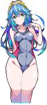  1girl blue_eyes blue_hair blush commentary_request competition_swimsuit covered_navel enpe eyebrows_visible_through_hair fire_emblem fire_emblem:_kakusei graphite_(medium) highres long_hair looking_at_viewer lucina one-piece_swimsuit smile solo standing swimsuit tiara traditional_media white_background 