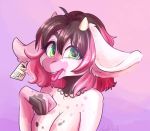  2016 anthro bovid bovine breasts brown_hair cattle corelle-vairel ear_tag female fur green_eyes hair horn icon mammal pink_hair simple_background solo tag text tongue tongue_out white_fur 