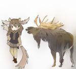  2019 animal_humanoid antlers beady_eyes biped black_clothing black_eyes black_topwear blush bottomwear breasts brown_bottomwear brown_clothing brown_fur brown_hair brown_horn brown_skirt brown_tail capreoline capreoline_humanoid cervid cervid_humanoid clothed clothing curious dewlap_(anatomy) duo eyebrows female feral footwear full-length_portrait fully_clothed fur hair hand_on_hip hatching_(art) holding_object hooves horn humanoid iceeye_ena japanese kemono_friends legwear light_skin looking_at_another male mammal moose moose_(kemono_friends) moose_humanoid necktie pleated_skirt portrait quadruped shadow shoes short_tail simple_background skirt smile snout standing sweater_vest tan_horn tan_skin thigh_highs topwear white_background 