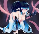  1girl 7_n aisha_landar all_fours alternate_hair_color alternate_hair_length alternate_hairstyle blue_hair blush breasts commentary detached_sleeves elsword frilled_sleeves frills gradient_hair highres holding large_breasts long_hair multicolored_hair purple_eyes snowflake_print tears tentacles tongue tongue_out wet 