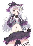  1girl belly belt black_gloves blush capelet crop_top gloves hair_bun hair_ornament hat hime_cut hololive ixy long_hair looking_at_viewer midriff murasaki_shion navel open_mouth silver_hair simple_background solo virtual_youtuber white_background witch_hat yellow_eyes 