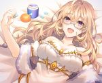  1girl :d ahoge bangs bare_shoulders bed_sheet blonde_hair blush bottle breasts chewing_gum collarbone detached_sleeves dress dutch_angle eyebrows_visible_through_hair fingernails food fruit glasses grey-framed_eyewear hair_between_eyes hand_up holding long_hair lying medium_breasts nijisanji on_back open_mouth orange puffy_short_sleeves puffy_sleeves purple_eyes shikino_yuki short_sleeves smile solo strapless strapless_dress takamiya_rion virtual_youtuber white_dress white_sleeves 