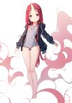  1girl barefoot black_jacket casual_one-piece_swimsuit covered_navel full_body highres hood horn jacket koebushi_(mat) legs long_hair one-piece_swimsuit original red_eyes red_hair simple_background solo swimsuit thigh_gap toes white_background white_swimsuit 