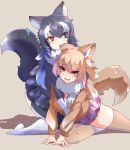  2girls animal_ear_fluff animal_ears biting blue_eyes blush boy_(pixiv17542438) breast_grab breasts brown_hair fang fur_collar grabbing gradient_legwear grey_wolf_(kemono_friends) heterochromia highres japanese_wolf_(kemono_friends) kemono_friends large_breasts long_hair looking_at_another looking_at_viewer multicolored_hair multiple_girls open_mouth pantyhose skirt smile tail two-tone_hair white_hair wolf_ears wolf_girl wolf_tail yellow_eyes 