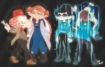  3d_rod! 4girls aori_(splatoon) boots closed_eyes cosplay dark_skin doctor_who fang fez_hat glowing highres hime_(splatoon) hood hooded_jacket hotaru_(splatoon) iida_(splatoon) jacket looking_at_viewer multiple_girls open_mouth short_hair smile splatoon_(series) splatoon_2 standing star_trek suspenders symbol-shaped_pupils tentacle_hair uniform yellow_eyes 