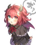  1girl :o ahoge bangs bat_hair_ornament black_capelet black_dress blush capelet crescent crescent_hair_ornament demon_girl demon_horns demon_wings dress eyebrows_visible_through_hair fang frilled_capelet frills green_eyes hair_between_eyes hair_ornament heterochromia horns long_hair neck_ribbon nijisanji open_mouth purple_wings red_eyes red_hair red_ribbon ribbon shikino_yuki simple_background solo translation_request two_side_up virtual_youtuber white_background wings yuzuki_roa 