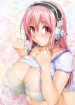  1girl absurdres areola_slip areolae blush bra breasts butt_crack cum cum_in_mouth cum_on_hair facial headphones highres ishikei large_breasts lingerie long_hair looking_at_viewer nitroplus official_art pink_hair red_eyes see-through shirt_lift solo super_sonico underwear white_bra 