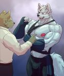  2019 anthro biceps canid canine canis clothing eye_patch eyewear fur hi_res kemono male mammal muscular muscular_male nipples pecs purple_eyes rossi_thukigata simple_background wolf 
