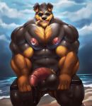  2019 abs absurd_res anthro aviators balls beach big_balls big_penis canid canine canis chest_fur cigar cursedmarked detailed_background dobermann domestic_dog ear_piercing eyewear hi_res looking_at_viewer male mammal musclegut muscular muscular_male navel nightstick nipple_piercing nipples nude open_mouth open_smile pecs penis piercing pinscher seaside smile solo sunglasses thick_thighs vein veiny_penis 