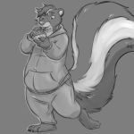  1:1 2019 aggrobadger anthro barefoot big_tail biped claws clothed clothing cupcake digital_media_(artwork) food front_view fully_clothed grey_background greyscale hair holding_food holding_object hoodie huge_tail long_tail male mammal mephitid monochrome pants plantigrade short_hair simple_background skunk solo standing toe_claws toes 