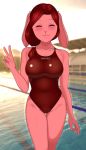  2019 absurd_res anthro biped blush breasts buffbumblebee clothed clothing digital_drawing_(artwork) digital_media_(artwork) eyebrows eyelashes female front_view fur hair hi_res lagomorph leporid mammal one-piece_swimsuit outside pink_fur rabbit smile solo sport_swimsuit standing swimwear tight_clothing water wet 