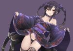  1girl ass_visible_through_thighs black_hair black_panties black_widow_(spider) blush breasts cameltoe clothes_lift collarbone cowboy_shot crotch dutch_angle fang flower groin hair_flower hair_ornament hair_ribbon high-waist_panties insect_girl itou_ryuusei japanese_clothes kimono kimono_lift leaf_print long_sleeves looking_at_viewer medium_hair monster_girl nail_polish obi open_mouth original panties purple_background purple_flower purple_kimono purple_nails red_eyes ribbon sash small_breasts smile solo spider_girl spider_legs standing thigh_strap thighs two_side_up underwear wide_sleeves 